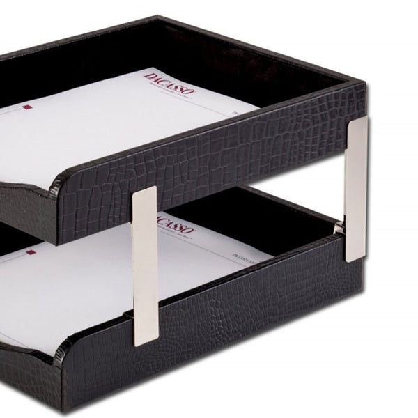 Dacasso Black Crocodile Embossed Leather Letter Trays Stacking Set Silver