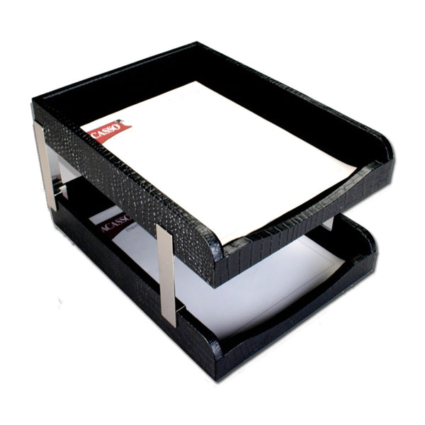 Dacasso Black Crocodile Embossed Leather Letter Trays Stacking Set Silver