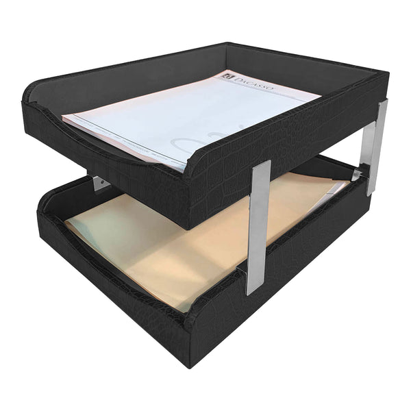 dacasso Black Crocodile Embossed Leather Letter Trays Stacking Set Silver