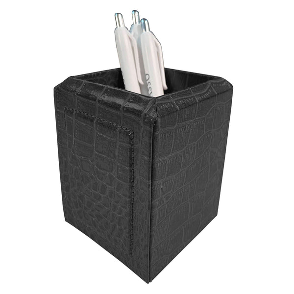 Dacasso Black Crocodile Embossed Leather Pencil Cup