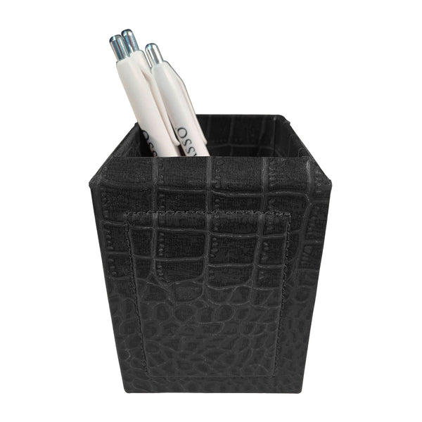 dacasso Black Crocodile Embossed Leather Pencil Cup