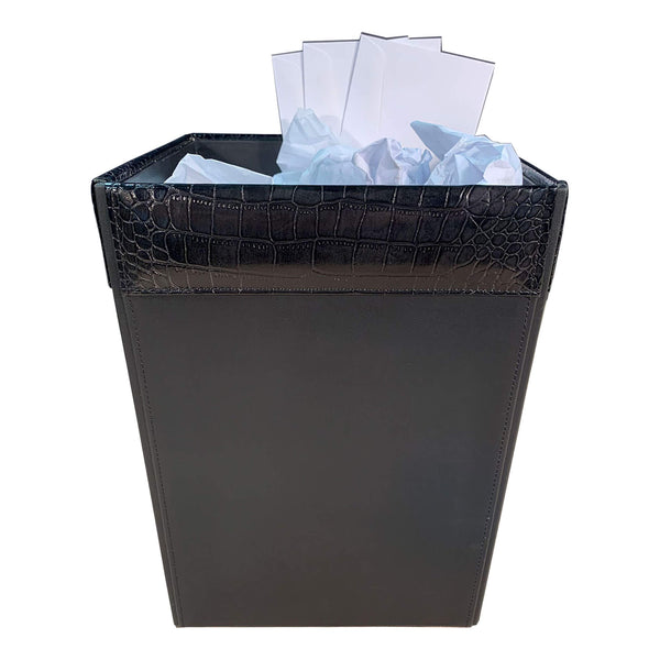 Dacasso Black Crocodile Embossed Leather Waste Basket 14 Qt
