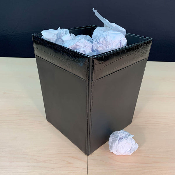 Dacasso Black Crocodile Embossed Leather Waste Basket 14 Qt