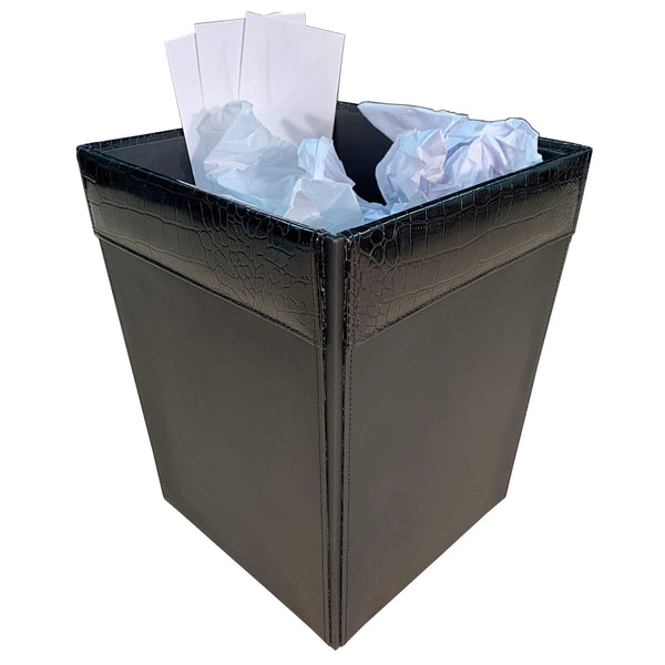 dacasso Black Crocodile Embossed Leather Waste Basket 14 Qt