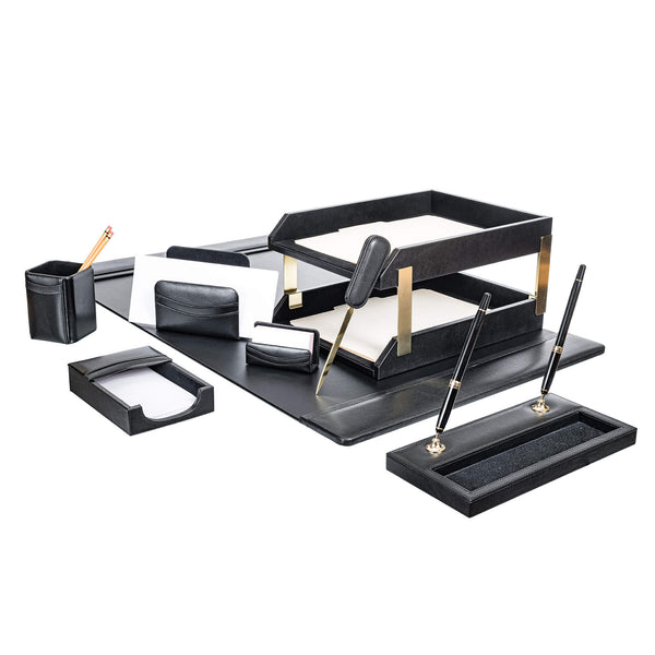 Dacasso Black Leather 10-Piece Desk Set Gold Accent