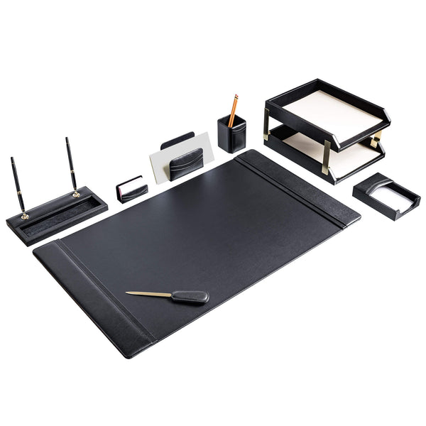 Dacasso Black Leather 10-Piece Desk Set Gold Accent