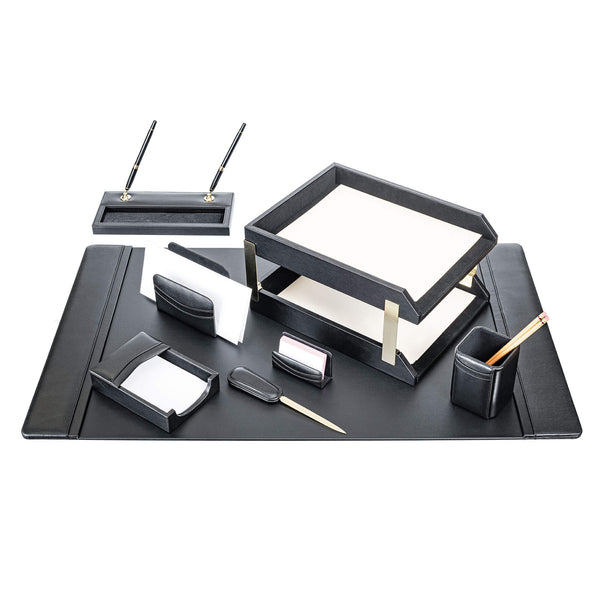 dacasso Black Leather 10-Piece Desk Set Gold Accent