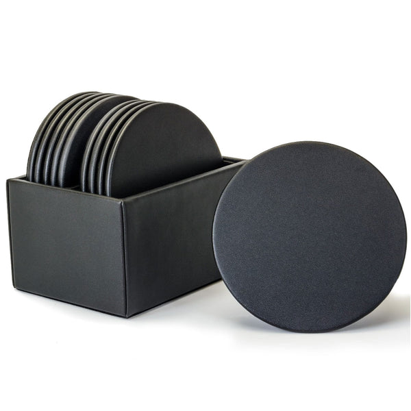 dacasso Black Leather 10 Round Coaster Set w/ Holder