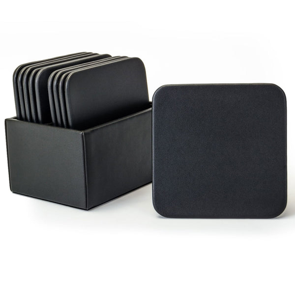 dacasso Black Leather 10 Square Coaster Set w/ Holder