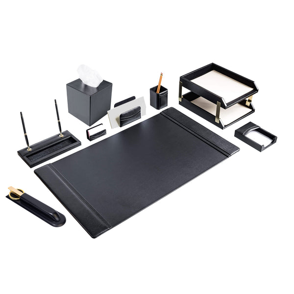 Dacasso Black Leather 11-Piece Desk Set Gold Accent
