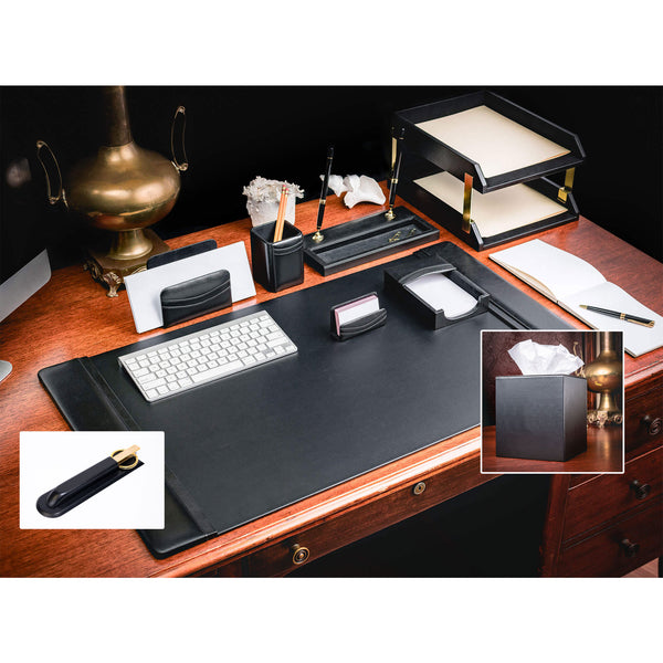 Dacasso Black Leather 11-Piece Desk Set Gold Accent