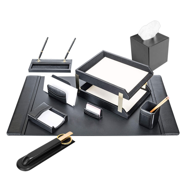 dacasso Black Leather 11-Piece Desk Set Gold Accent