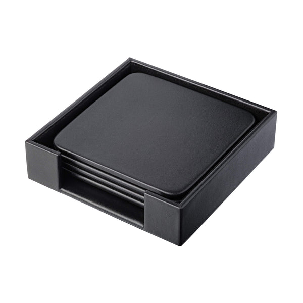 Dacasso Black Leather 4 Square Coaster Set W/ Holder