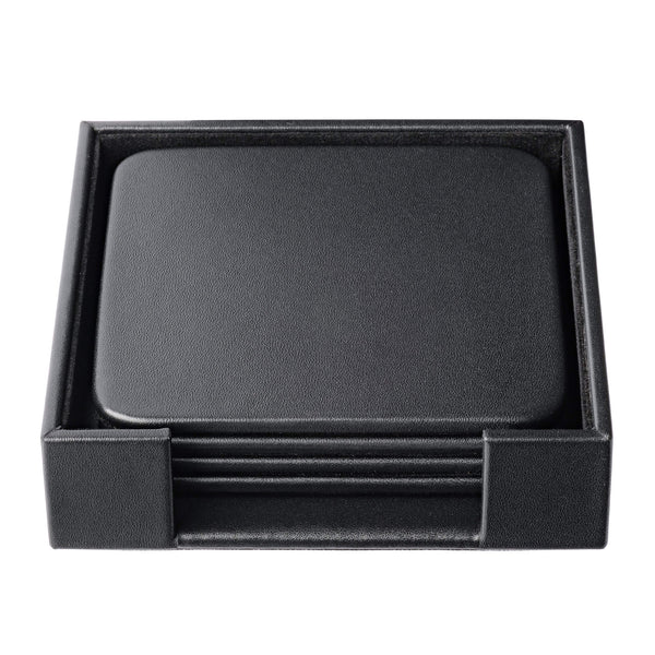 dacasso Black Leather 4 Square Coaster Set w/ Holder