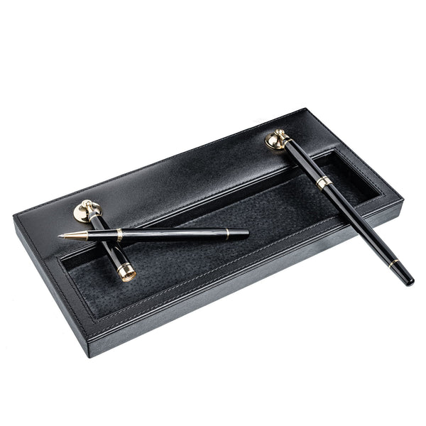 Dacasso Black Leather Double Pen Stand W/ Gold Accents