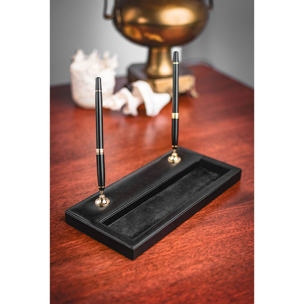 Dacasso Black Leather Double Pen Stand W/ Gold Accents