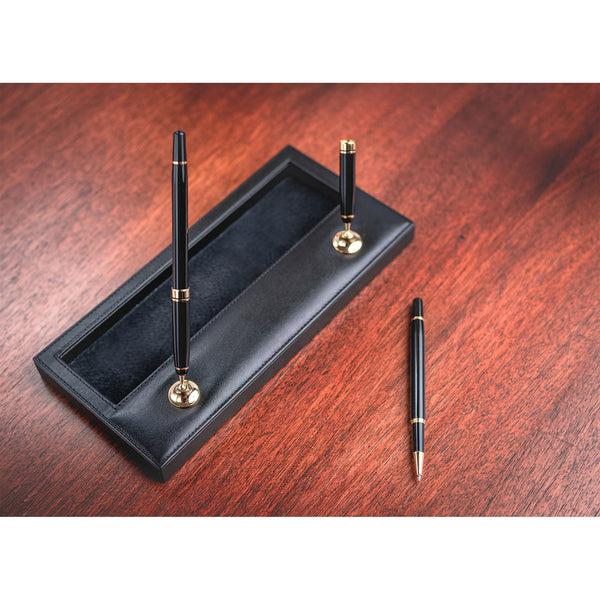 Dacasso Black Leather Double Pen Stand W/ Gold Accents