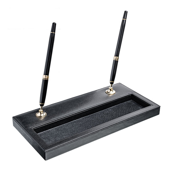 dacasso Black Leather Double Pen Stand w/ Gold Accents
