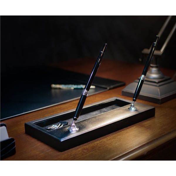Dacasso Black Leather Double Pen Stand W/ Silver Accents
