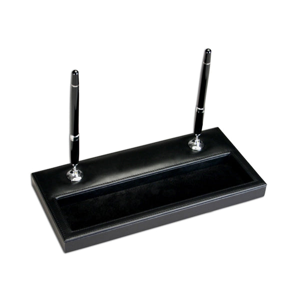 dacasso Black Leather Double Pen Stand w/ Silver Accents