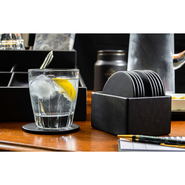 Dacasso Black Leatherette 10 Round Coaster Set W/ Holder