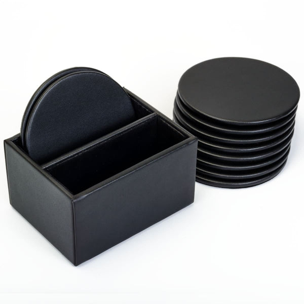 Dacasso Black Leatherette 10 Round Coaster Set W/ Holder