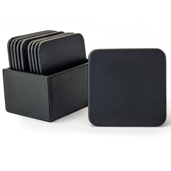 Dacasso Black Leatherette 10 Square Coaster Set W/ Holder