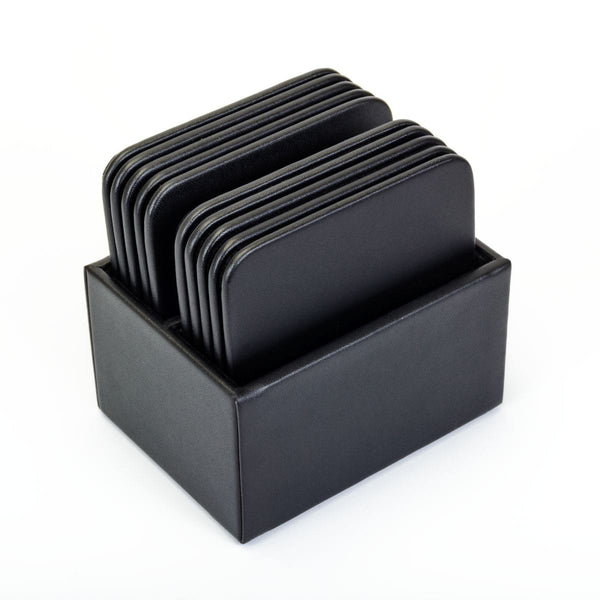 dacasso Black Leatherette 10 Square Coaster Set w/ Holder