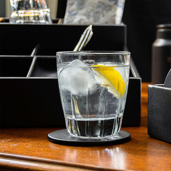 Dacasso Black Leatherette 4 Round Coaster Set W/ Holder