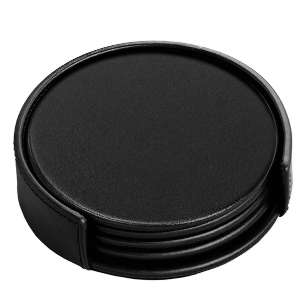 dacasso Black Leatherette 4 Round Coaster Set w/ Holder