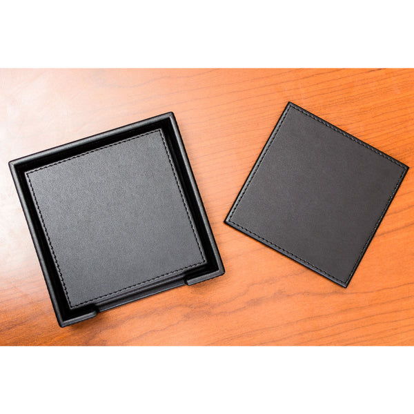 Dacasso Black Leatherette 4 Square Coaster Set W/ Black Tone-on-Tone Stitching And Holder