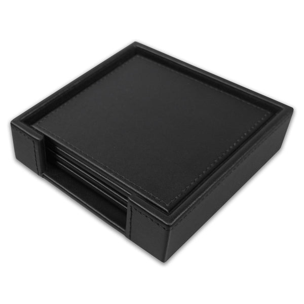 dacasso Black Leatherette 4 Square Coaster Set w/ Black Tone-on-Tone Stitching and Holder
