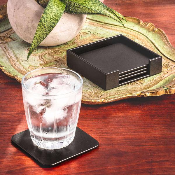 Dacasso Black Leatherette 4 Square Coaster Set W/ Holder