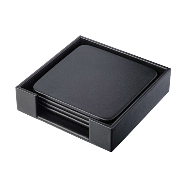 dacasso Black Leatherette 4 Square Coaster Set w/ Holder