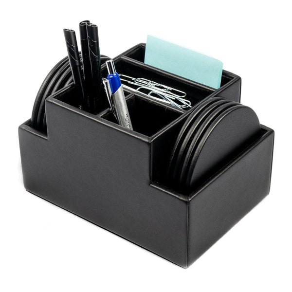 Dacasso Black Leatherette 8 Round Coaster Set W/ Holder