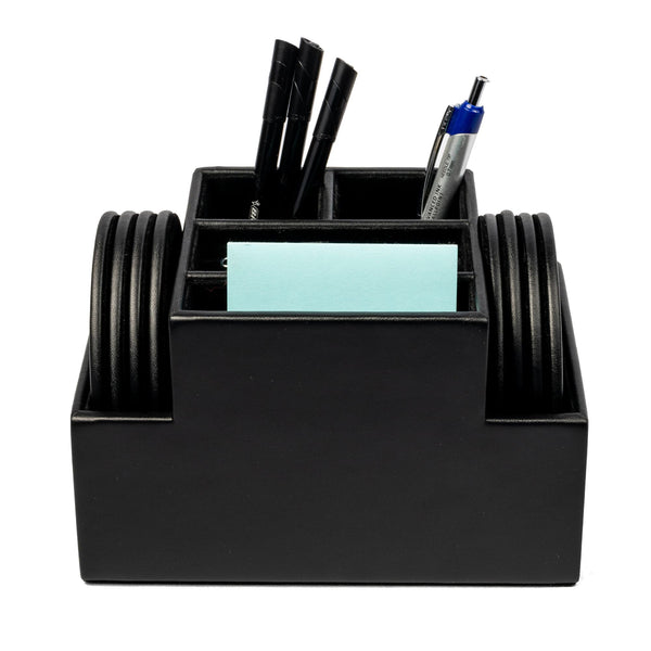 Dacasso Black Leatherette 8 Round Coaster Set W/ Holder