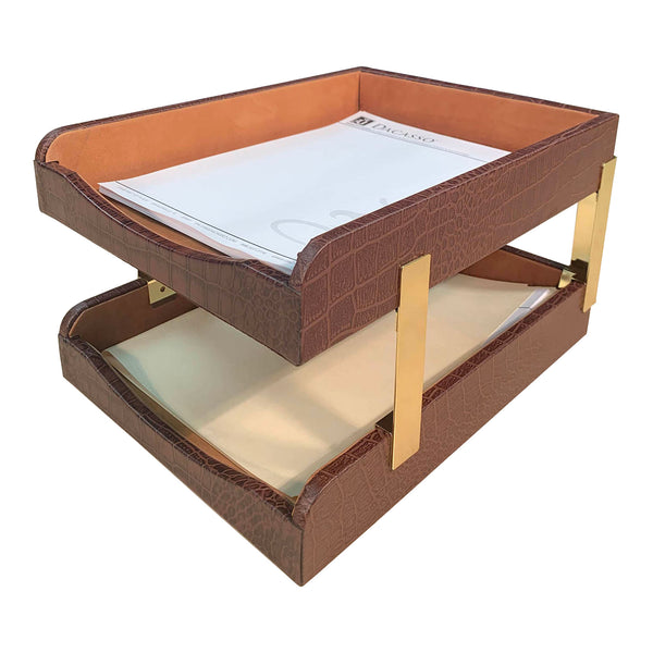 Dacasso Brown Crocodile Embossed Leather 10-Piece Desk Set