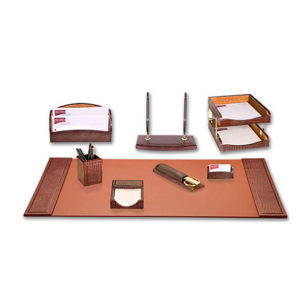 dacasso Brown Crocodile Embossed Leather 10-Piece Desk Set