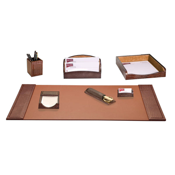 dacasso Brown Crocodile Embossed Leather 7-Piece Desk Set