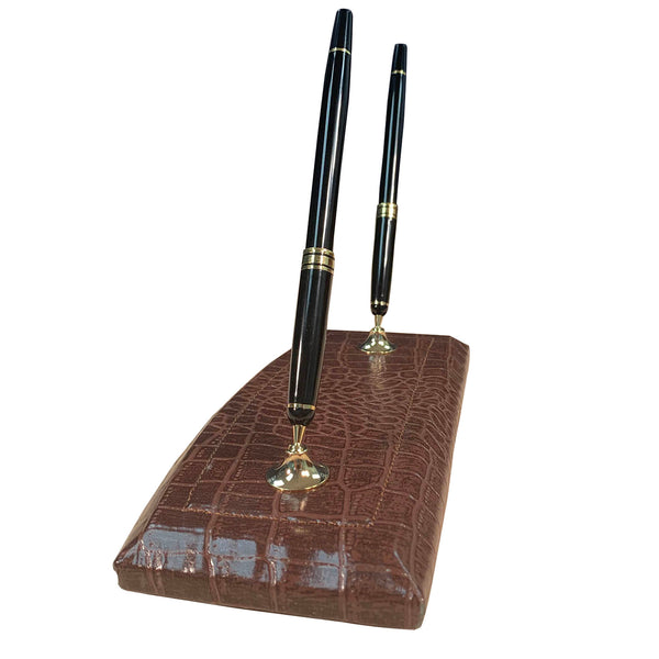 Dacasso Brown Crocodile Embossed Leather Double Pen Stand