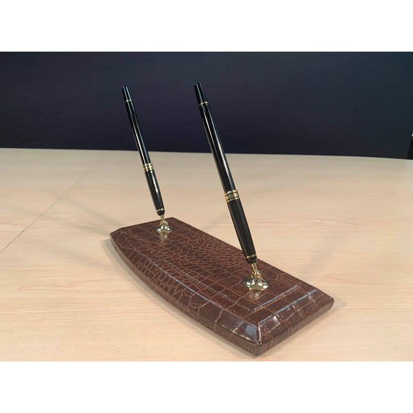 Dacasso Brown Crocodile Embossed Leather Double Pen Stand