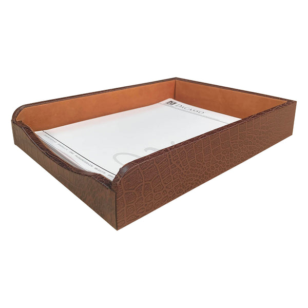 dacasso Brown Crocodile Embossed Leather Letter Tray