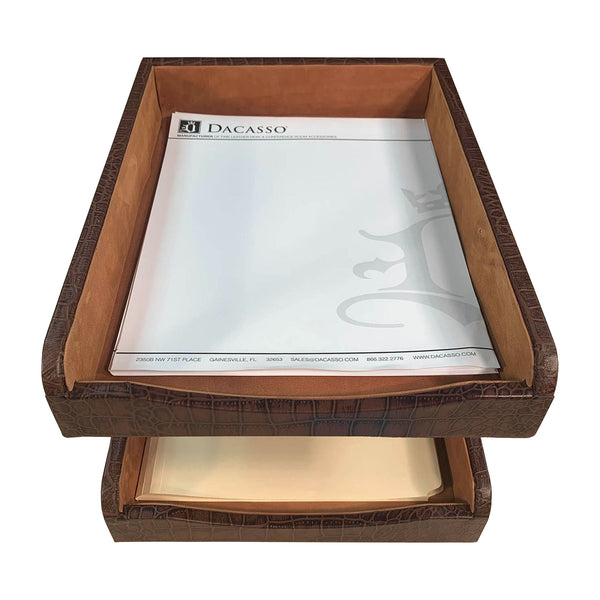 Dacasso Brown Crocodile Embossed Leather Letter Trays Stacking Set Gold