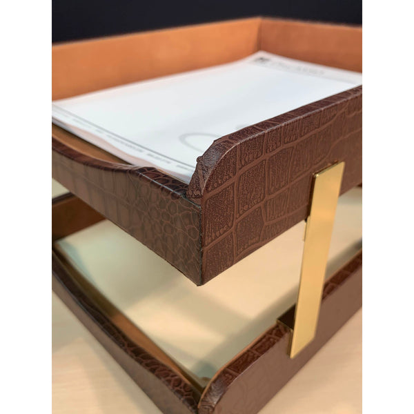 Dacasso Brown Crocodile Embossed Leather Letter Trays Stacking Set Gold