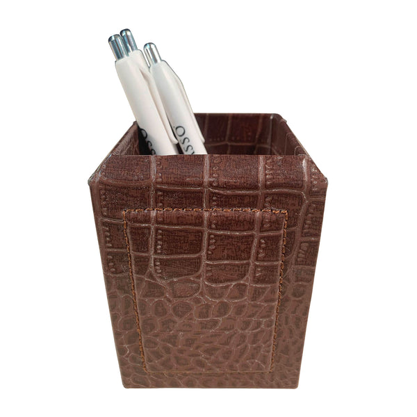 Dacasso Brown Crocodile Embossed Leather Pencil Cup