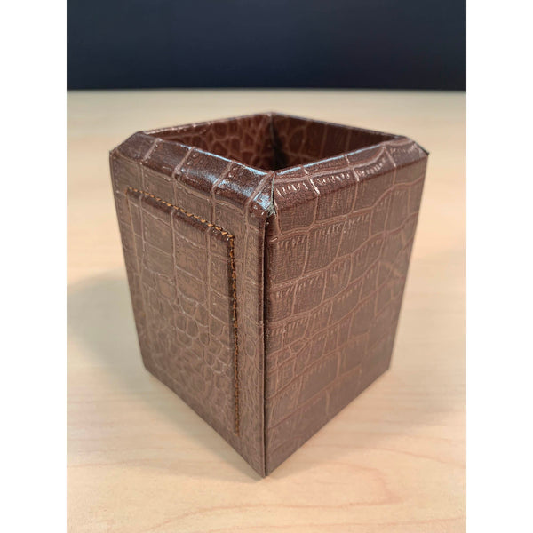 Dacasso Brown Crocodile Embossed Leather Pencil Cup