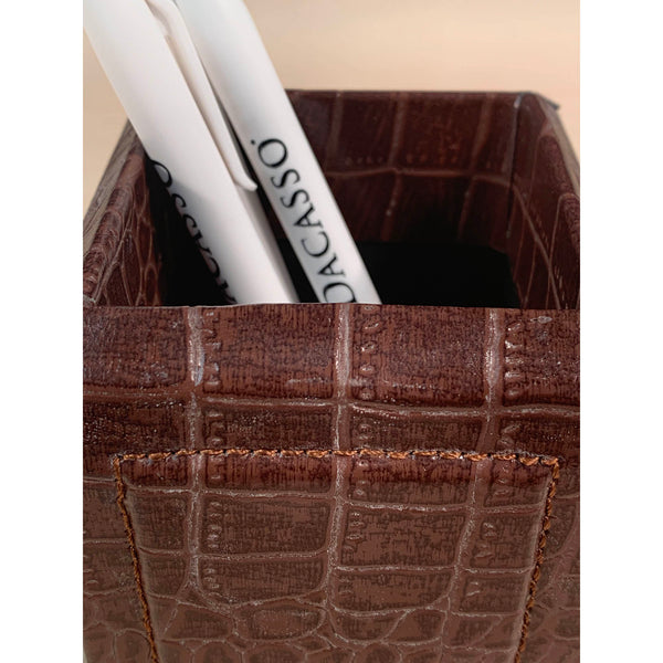 Dacasso Brown Crocodile Embossed Leather Pencil Cup