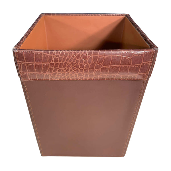 Dacasso Brown Crocodile Embossed Leather Waste Basket 14 Qt