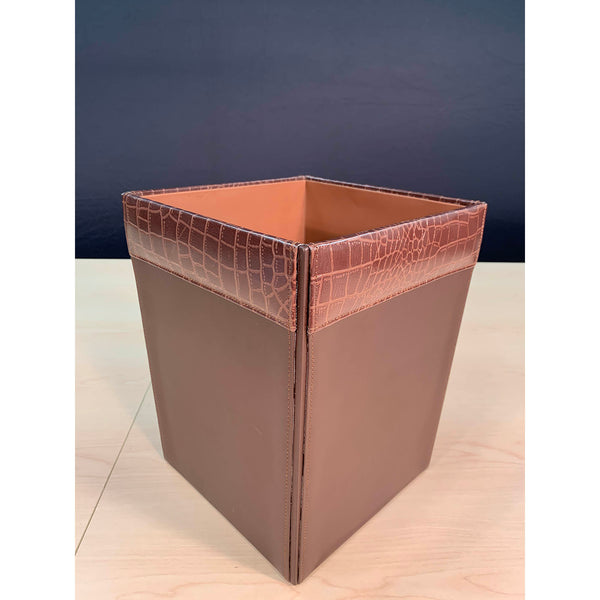 Dacasso Brown Crocodile Embossed Leather Waste Basket 14 Qt