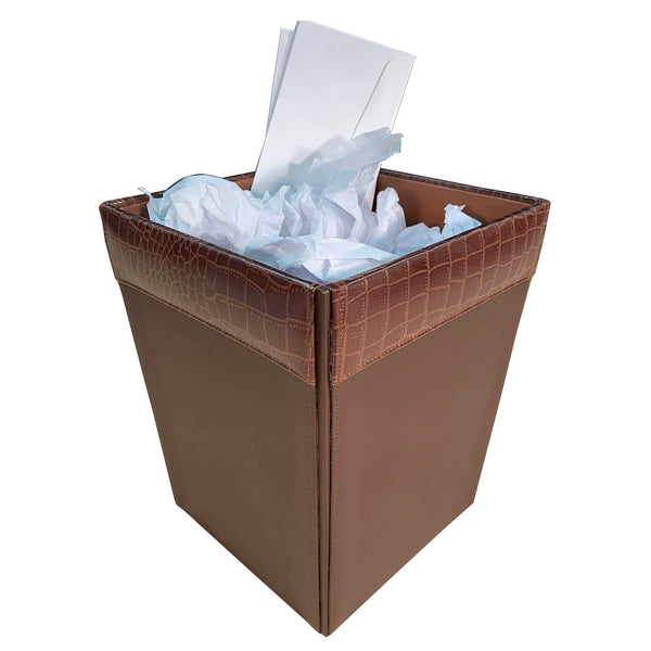 dacasso Brown Crocodile Embossed Leather Waste Basket 14 Qt